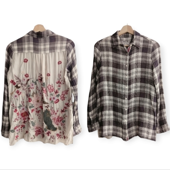 Johnny Was Hisako Embroidered Silk Button Blouse XS Plaid Japanese Floral Bird - Picture 3 of 17